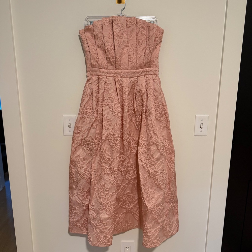 Entro Pink Floral Jacquard Strapless Midi Dress Pleated Bodice Pockets Size L - Picture 2 of 5